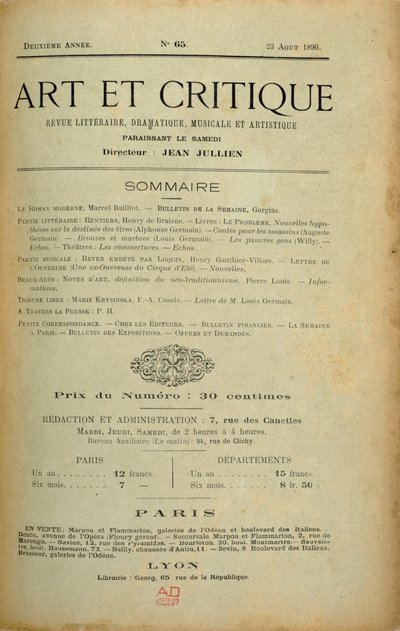 Portada de la revista "Art et Critique", 23 de agosto de 1890 de Unbekannt Unbekannt